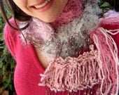Scarf Pink and White Scarf for Women, Girls with Fringe. See Through Lightweight Scarf, Hand Knit