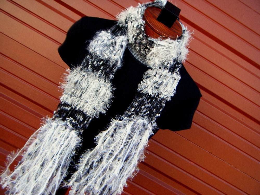 White, Black, Silver Grey Fringed Scarf, See Through Lightweight Hand Knit Women Accessories