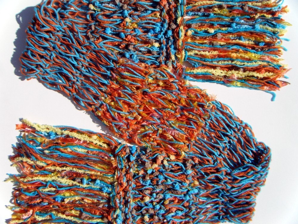Handknit Fringed Scarf in Yellow Orange Brown Turquoise Blue Aqua, 'Carnival Circus Clown'