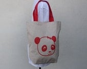 SALE Girl Panda Linen Tote - Beige Handle