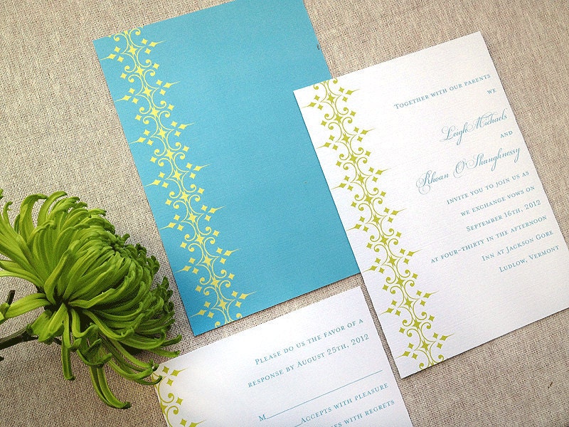 Unique Wedding Invitation and RSVP postcard- Shown in Turquoise and Lime- Choose from 32 Colors