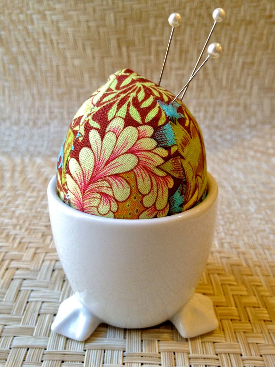 Egg Pincushion in a Duck Footed Pot - Kaffe Fassett fabric