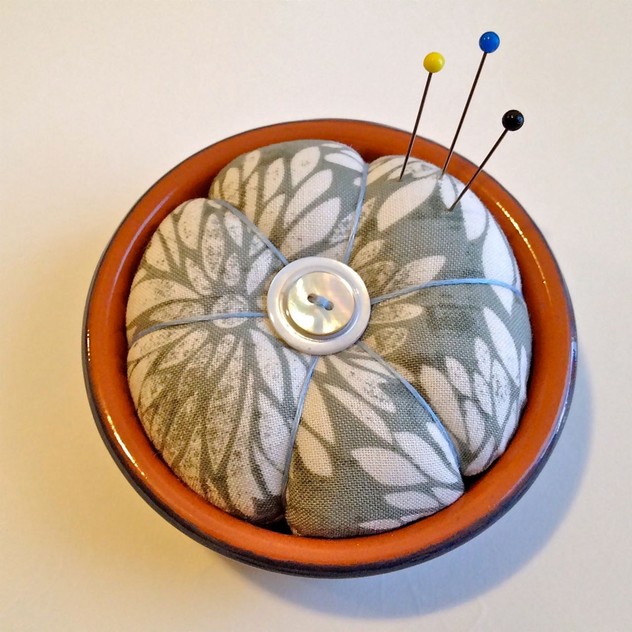 Dahlia Pincushion in a French Cheese Pot