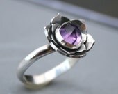 Lotus Amethyst Ring, Sterling Silver Cocktail Ring, Statement Ring, Solitaire, Faceted Rose Cut Gemstone, Purple Jewel, Lotus Flower - KiraFerrer