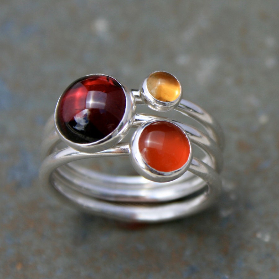 Maui Sunset Stacking Rings, Sterling Silver, Gemstone, Garnet, Citrine, Carnelian, Stackable Stack Ring Band