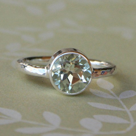 Green Amethyst Sterling Silver Ring, Prasiolite Faceted Gemstone, 8mm, Sterling Silver Ring Band, Hammered Ring Band, Stacking or Solitaire
