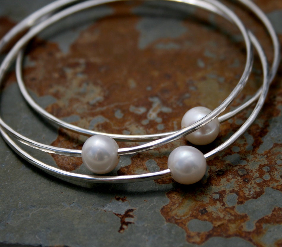Pearl Sterling Silver Bangles, Stacking Bracelet, Stackable Set of 3 White Pearl