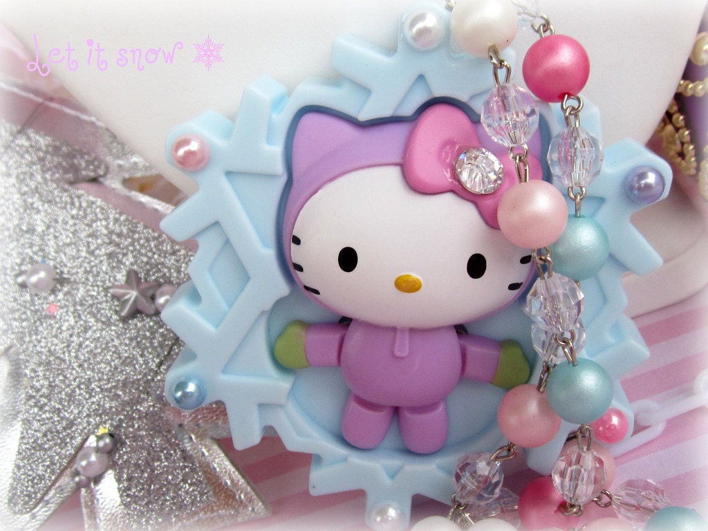 Hello kitty snowflake winter wonderland blue purple pink and white beaded necklace with swarovski crystal bow and pearly accents