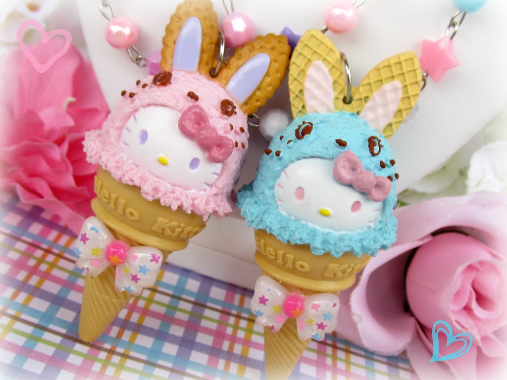 Hello kitty kawaii sweet ice cream cone bunny pen necklaces with star bow waffle cookie ears and pink purple pastel beaded chain