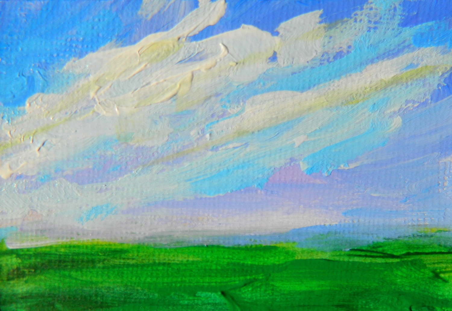 Summer Sky Fields landscape original minature painting  2.5 by 3.5 inches,  artist Janice Warriner - OilsbyJanice