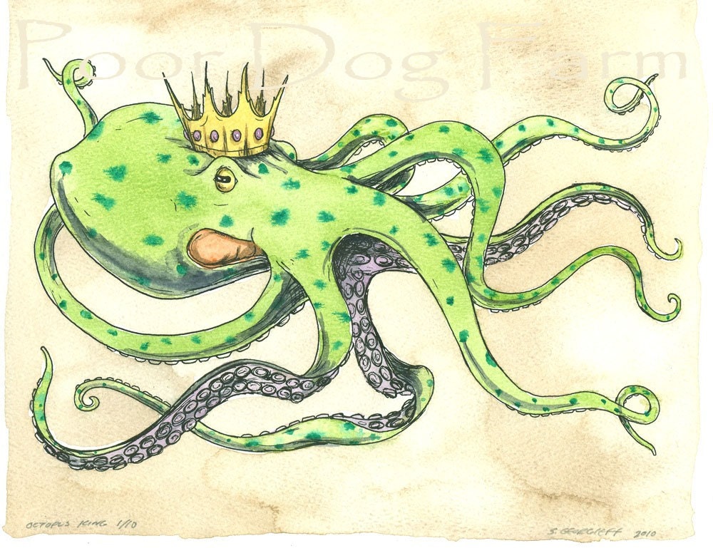 Creepy Green Octopus King (a limited edition painted print 3 0f 10 )