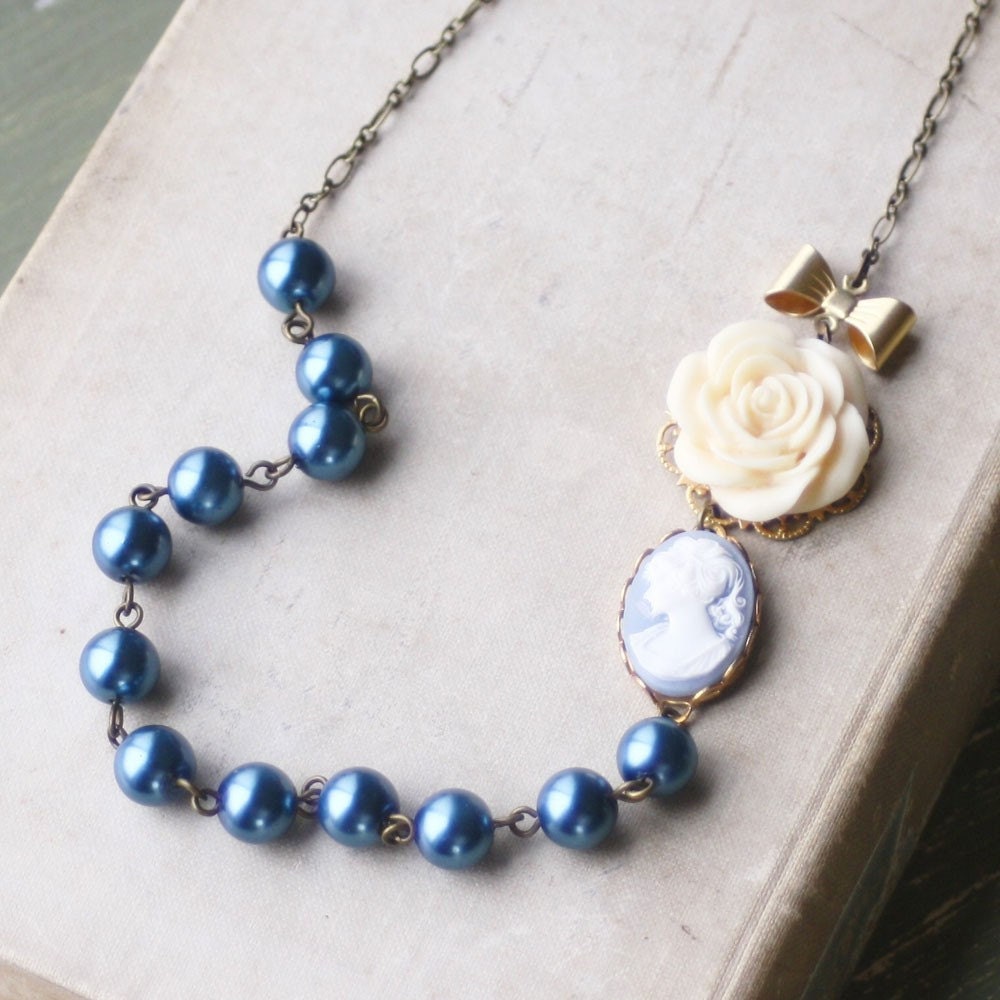 Cameo Statement Necklace, Blue Pearl Bib Necklace, Flower Statement Necklace, Statement Necklace, Weddings, Blue Cameo Necklace