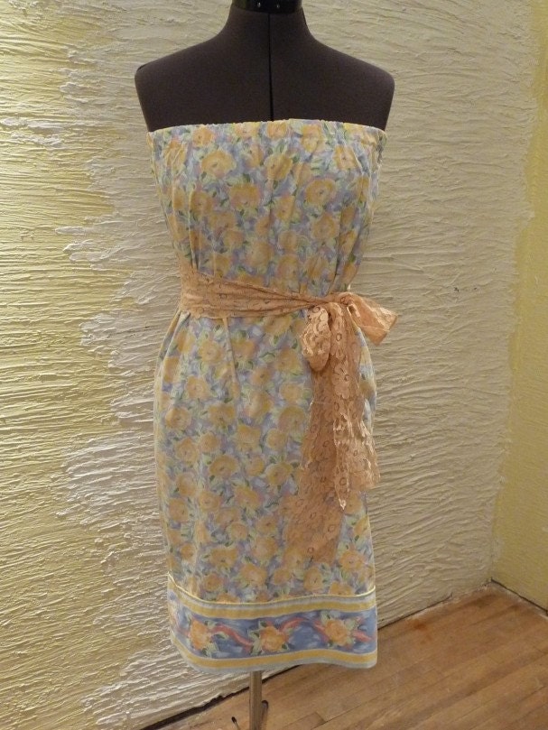 Handmade Pillowcase Dress Womens Dress Unique Clothing Yellow Rose Vintage Lace Belt Handmade Clothing Recycled