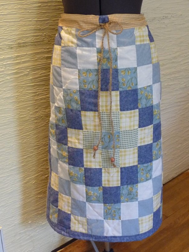 Blue Patchwork Skirt Handmade Quilted Front Skirt Long Skirt Recycled Leaves up to XLarge Womens Clothing Wooden Beads Unique Clothing