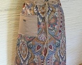 Brown Skirt Handmade Unique Clothing Paisley Skirt Pocket Green Button Drawstring Wooden Beads Recycled Fabric