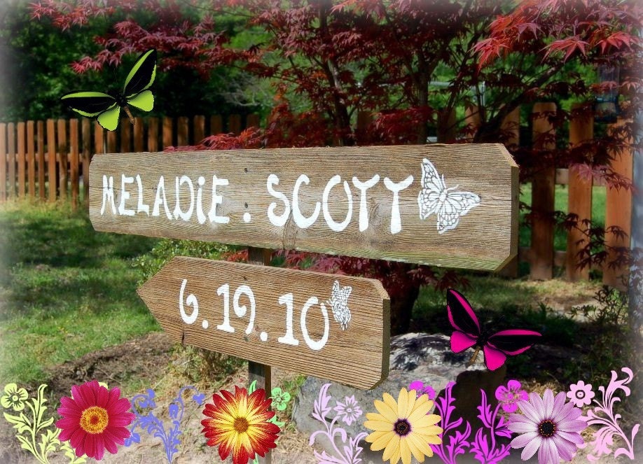 Garden Wedding Signs on 1 Stake. Butterflies. Hand Painted  Wedding Signs. Spring Wedding. Wooded Wedding Signs Country Wedding
