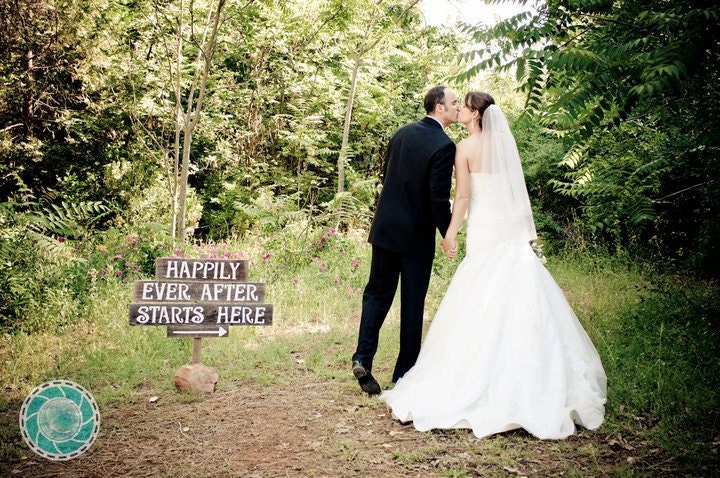 Rustic Wedding Signs LARGE FONT Recycled Wood. Happily Ever After Starts Here. With 1 stake. Directional Arrow