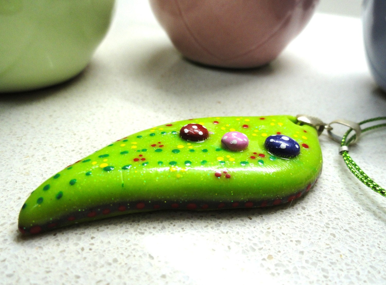 Jewelry necklace Leaf shape  pendant  jewelry polymer clay glowing green lime green handmade by Artefyk