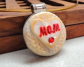Mothres' day jewelry MOM pendant handmade of polymer clay in white gold and red by artefyk