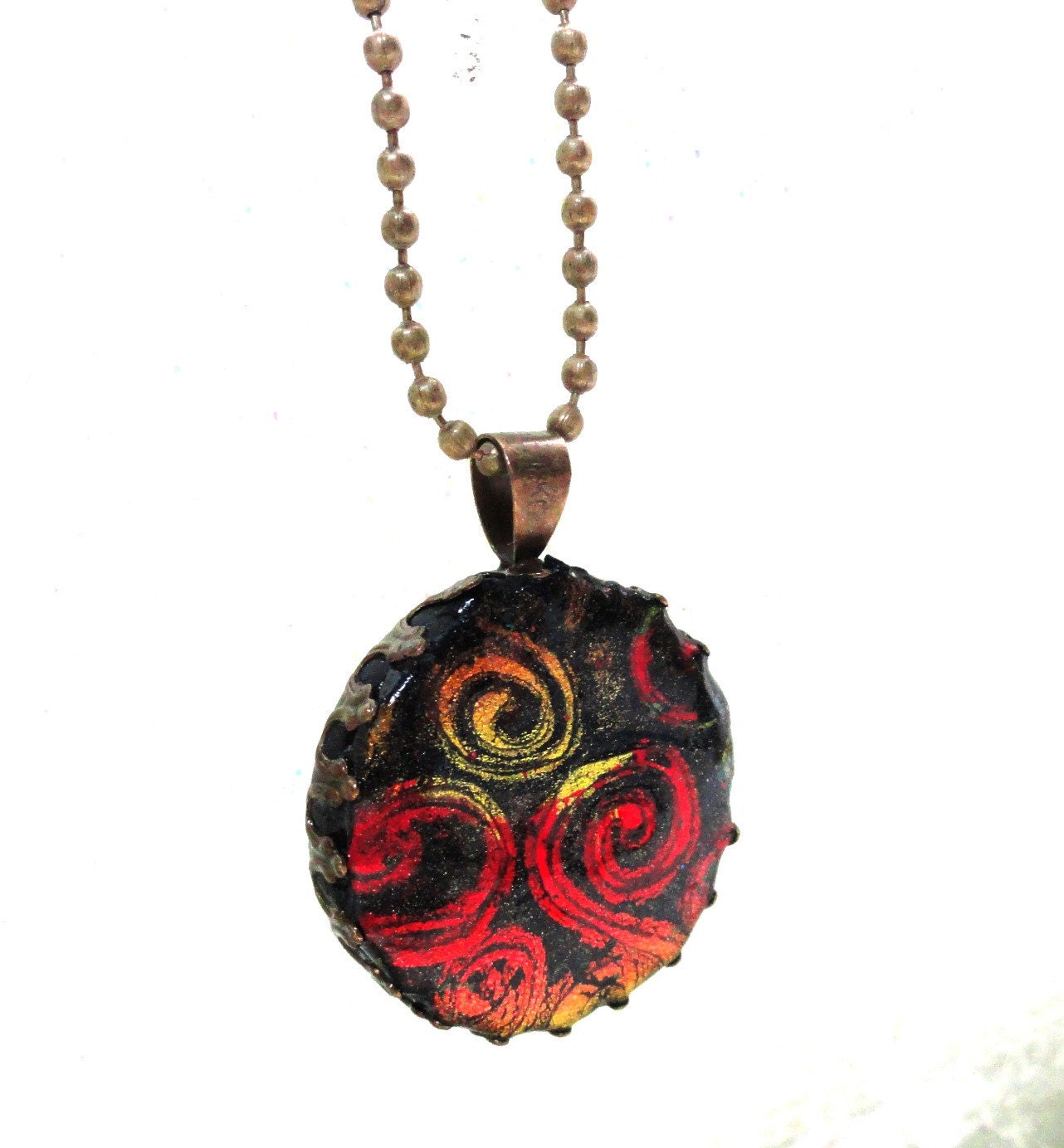 Necklace jewelry Handmade  polymer clay round shape faux dichroic pendant red and yellow by artefyk