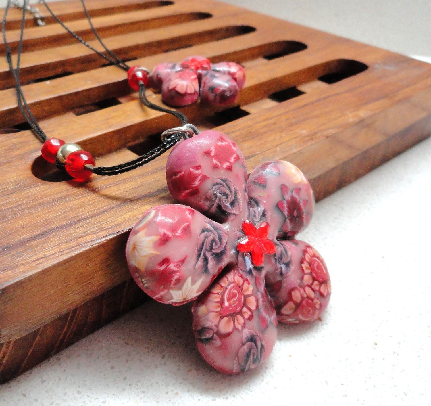 Jewelry Necklace handmade two red flowers polymer clay ooak by artefyk