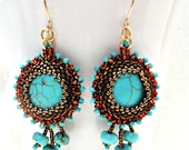 Jewelry earrings Turquoise Gemstones OOAK round beaded earrings handmade. beadwork gold and bronze by artefyk