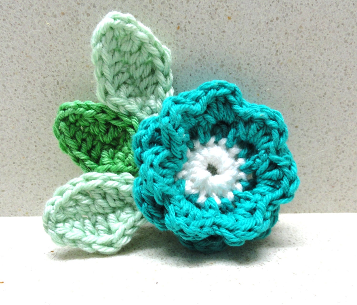 Crocheted flower jewelry supplies  Two(2 )layers turquoise Crocheted rose handmade applique with 3 green leaves  by Artefyk