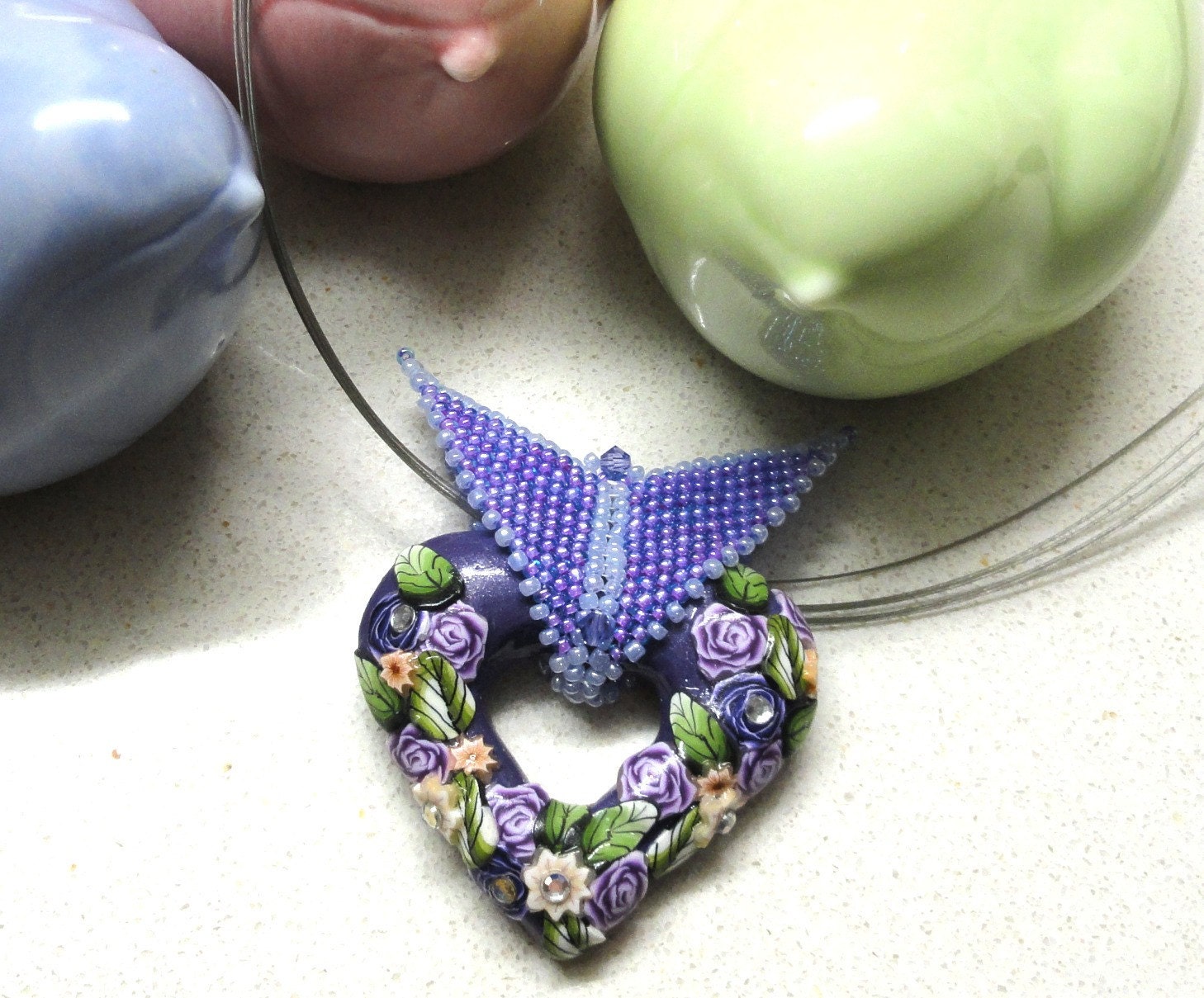 Jewelry necklace Handmade polymer clay hollow heart pendant in lavender purple by artefyk