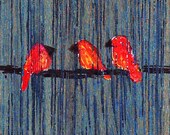 Three Birds on a Wire -- 4x6 Archival Print from Original Acrylic Painting on Wood Block