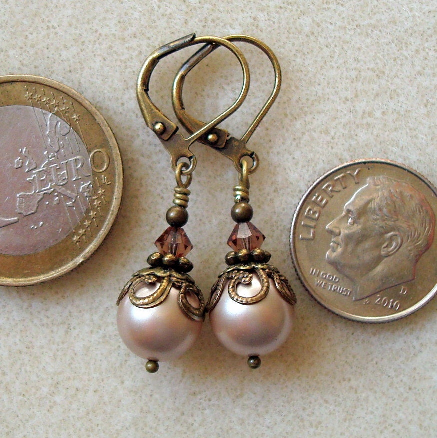 Pearl Earrings , Neo Victorian Jewelry , Antiqued Brass , Art Nouveau Style , Brass Earrings,  Powder Almond Swarovski Pearl