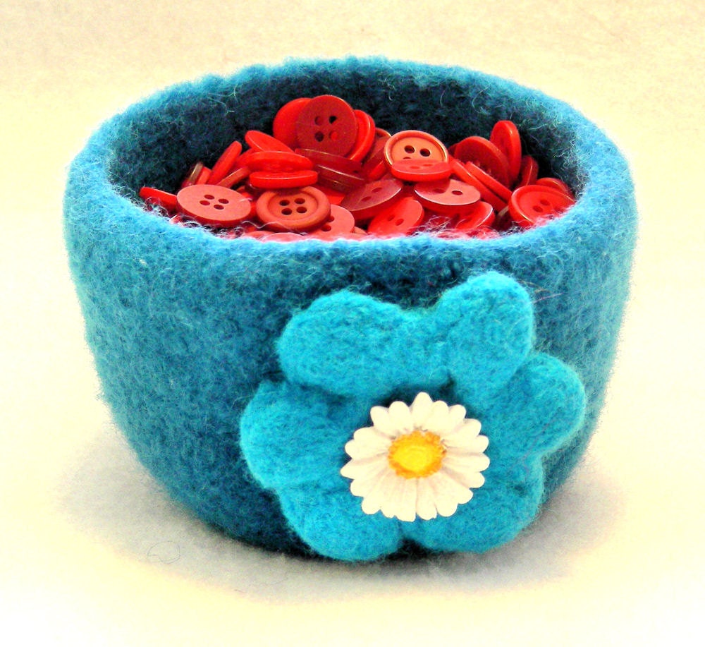 Felted bowl, wool, aqua, with felted flower - JNOriginals