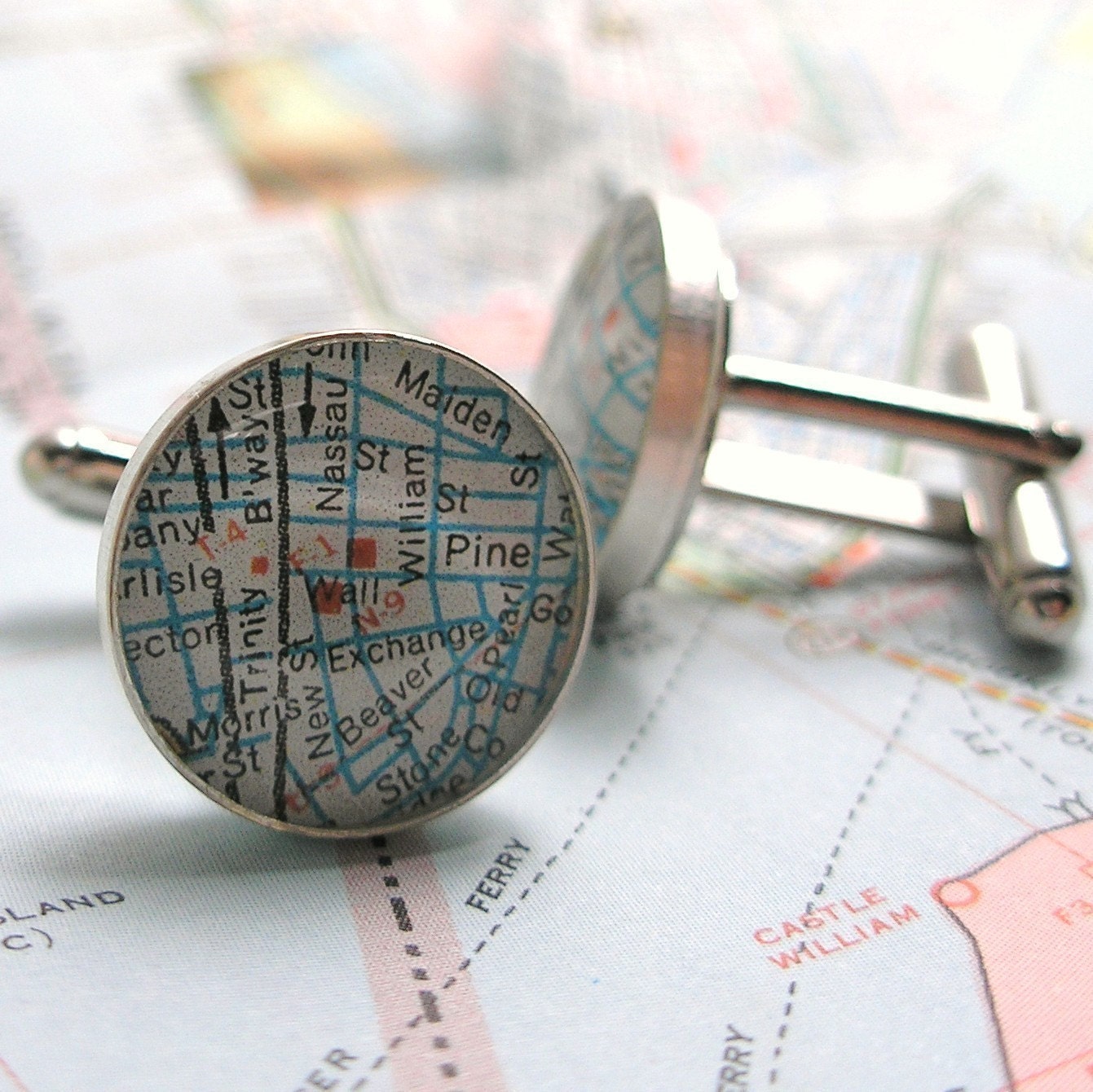 NYSE Wall Street Vintage Street Map Sterling Silver Round Cufflinks.