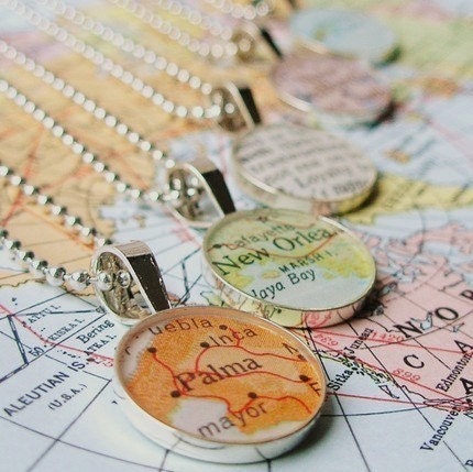 Vintage Map Sterling Silver Round Necklace. You Select the Journey.