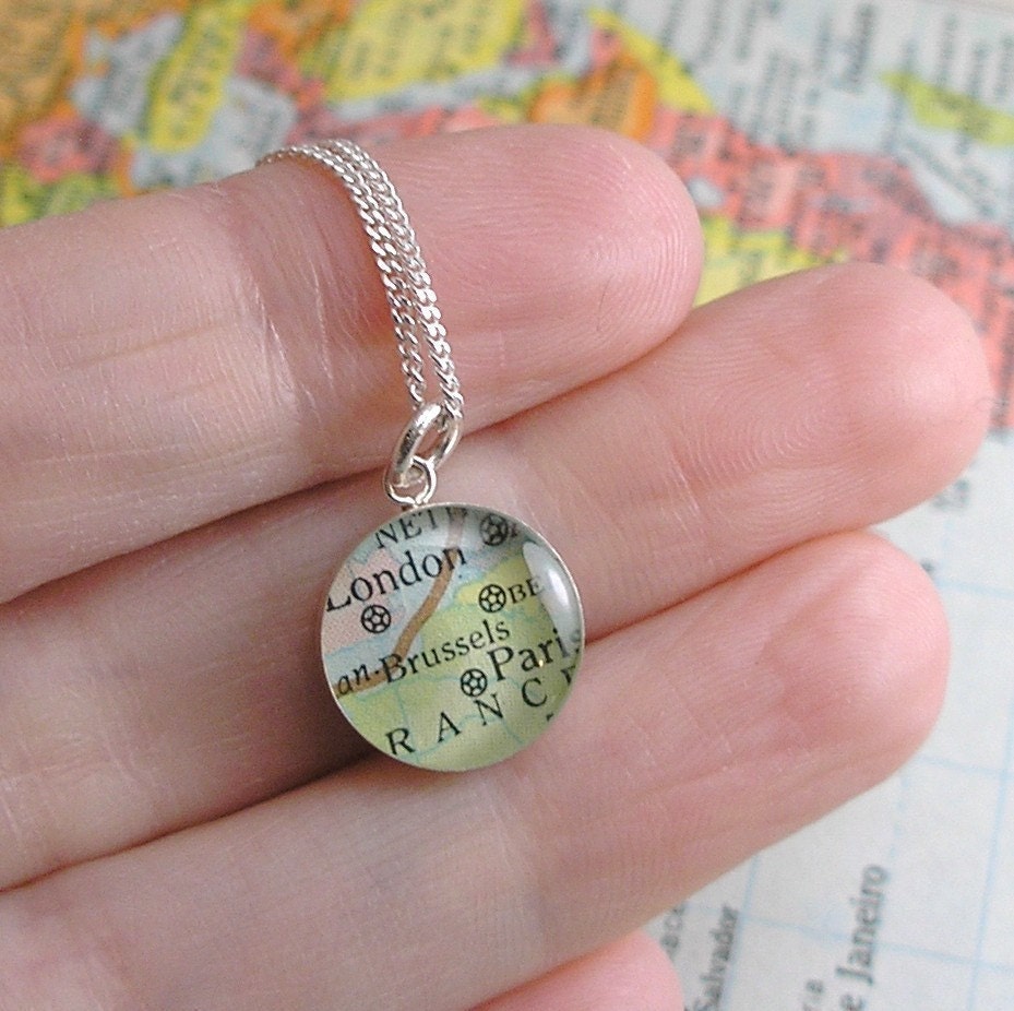 Petite Vintage Map Sterling Silver 16 inch Necklace.  You Select Journey.