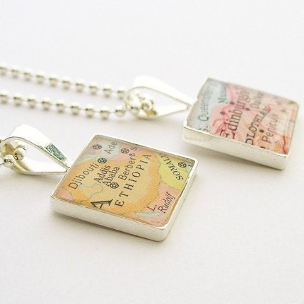 Vintage Map Sterling Silver Square Necklace.  You Select the Journey.