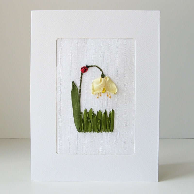 Ladybug on Pale Yellow Flower Card in Silk Ribbon Emboidery