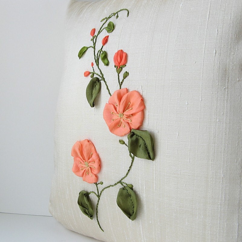 Peach Flowers Pillow Cover silk ribbon embroidery