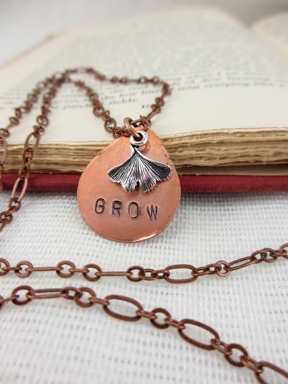 Grow. Stamped copper pendant with ginkgo leaf on copper necklace