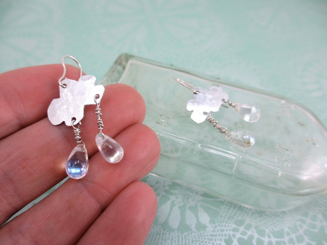 Portable Rainy Day. Hand cut aluminum and glass rain drop earrings, one of a kind