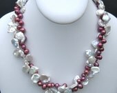 Large white keshi pearl and raspberry head drilled pearl necklace