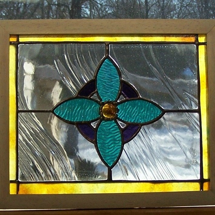 Stained Glass Window Panel-Antique Teal and Purple Floral