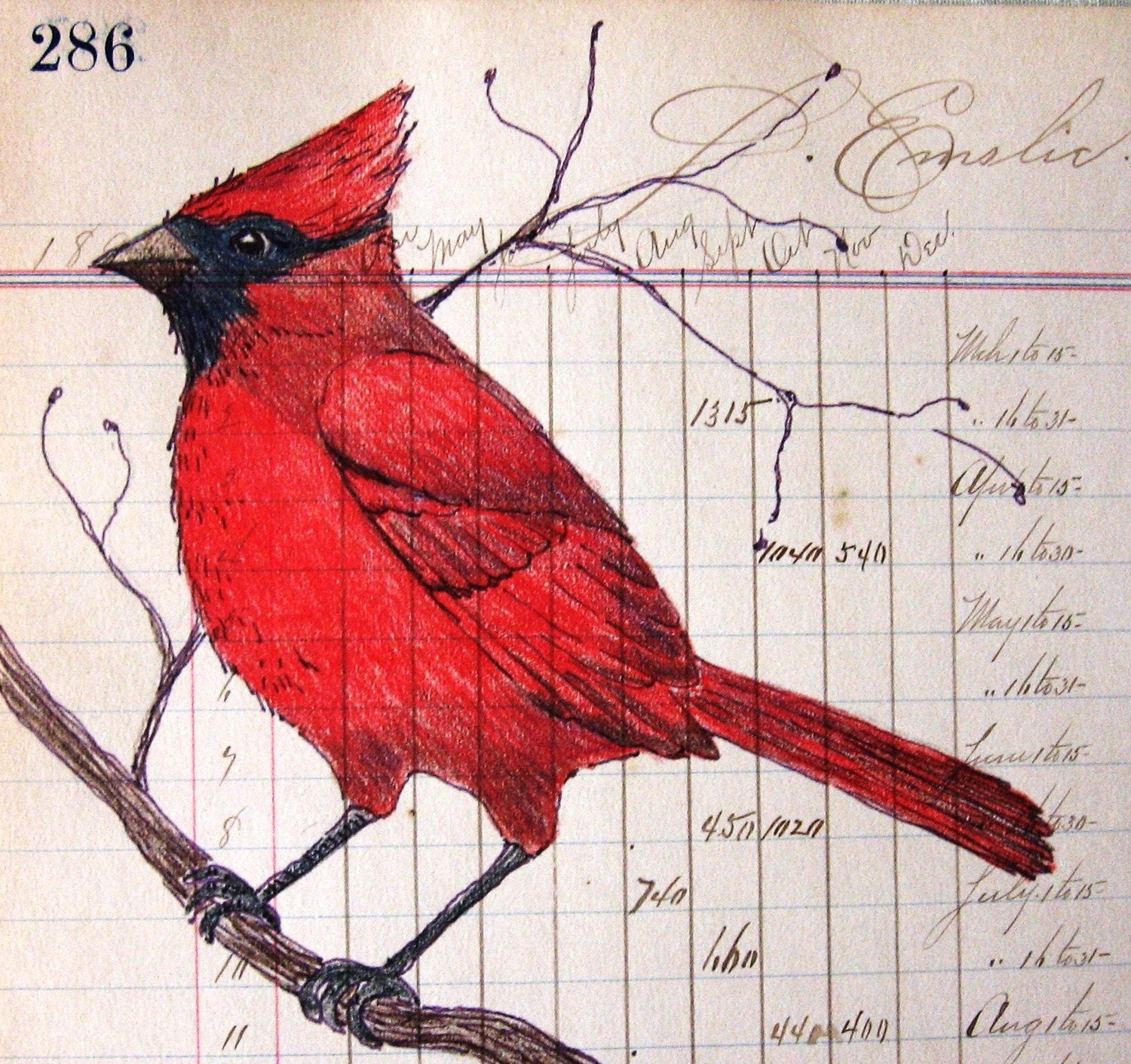 Primitive Folk Art Cardinal and Vintage Paper Print - digiliodesigns