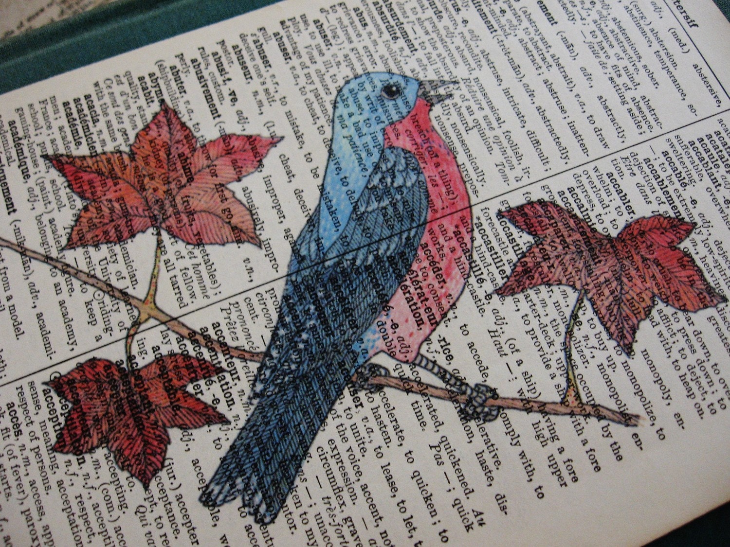 Bird Print on Vintage Dictionary Page Blue Bird