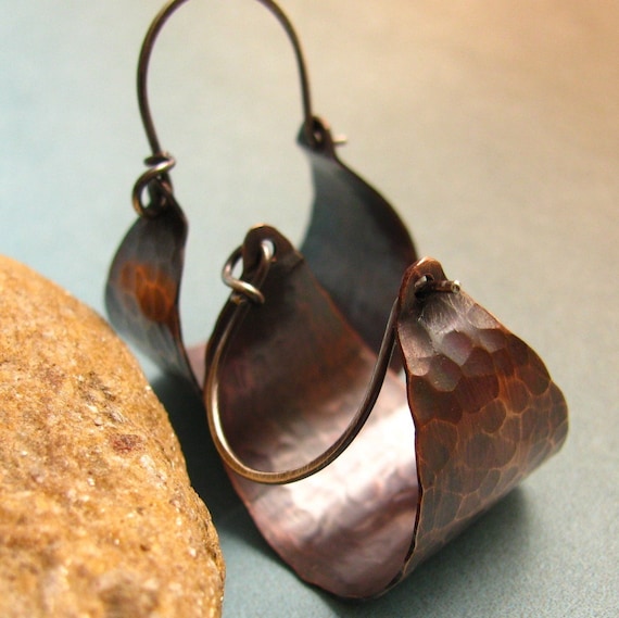 Hammered Copper Hoops  - Copper And Sterling Silver  Basket Hoop Earrings - Mixed Metal Jewelry