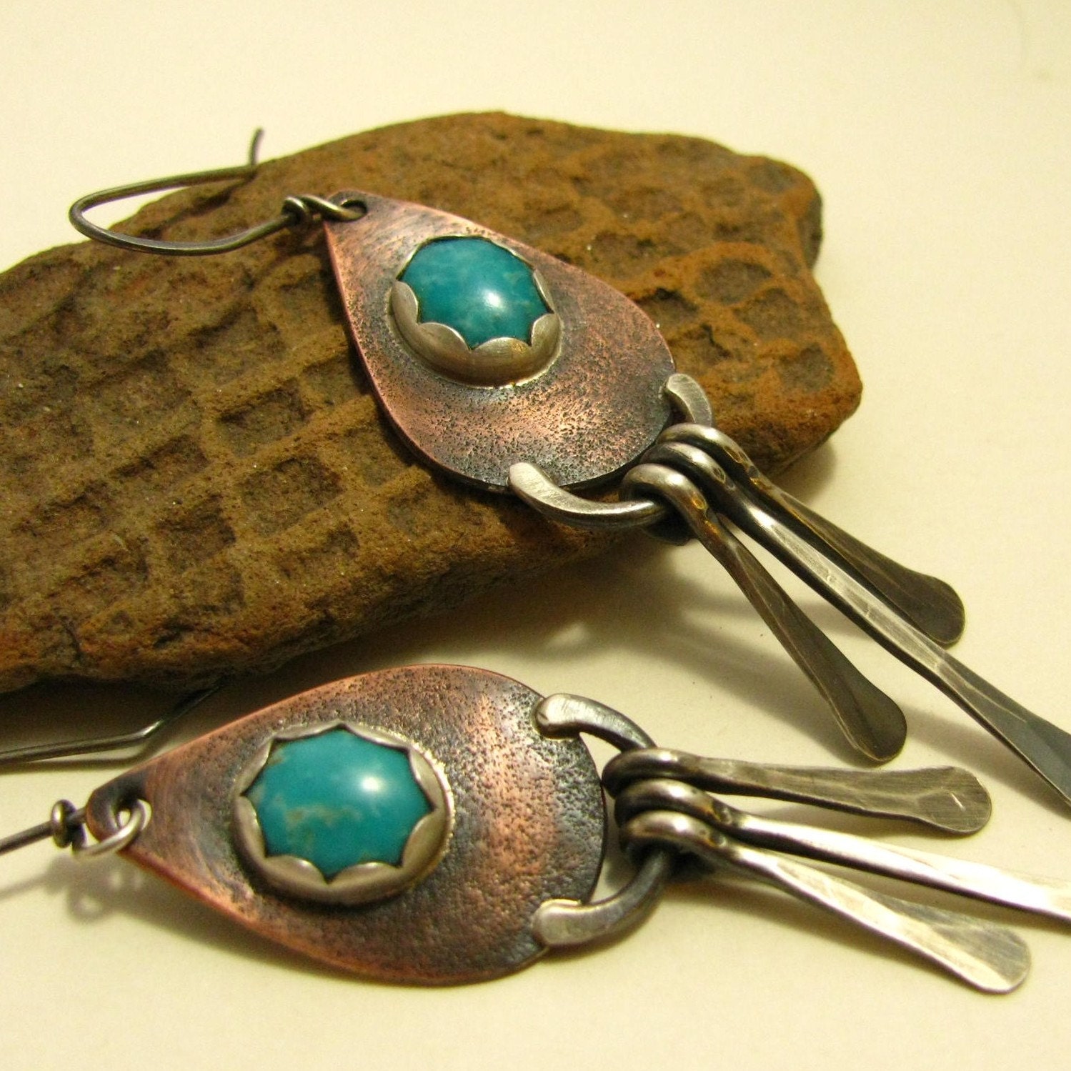 Turquoise, Copper And sterling Silver Aztec Shield Earrings