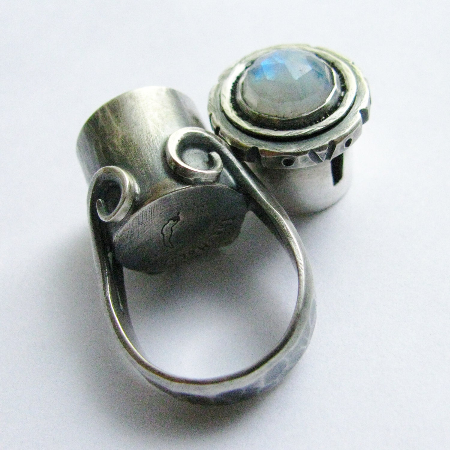 Rainbow Moonstone Poison Ring - Sterling Silver Metalsmithed Artisan Jewelry Secret Compartment Size 6 Treasure Or Pill Box Ring