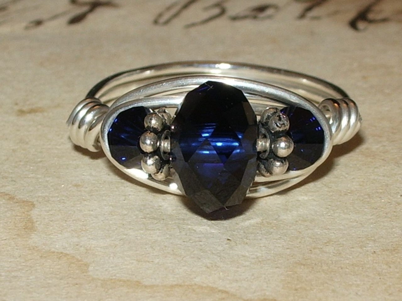 Indigo Blue 3 Stone Crystal and Sterling Silver Ring