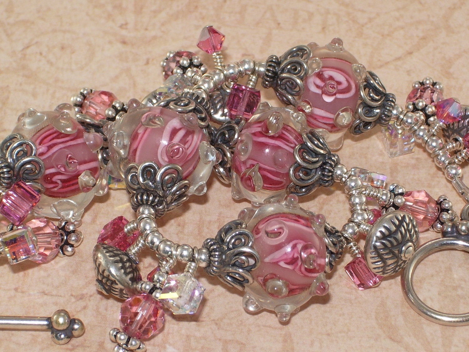 Pink Lampwork Beaded Bracelet, Swarovski, Crystal, Rose, Sterling, Silver, Bali, Dangle, Handmade Jewelry