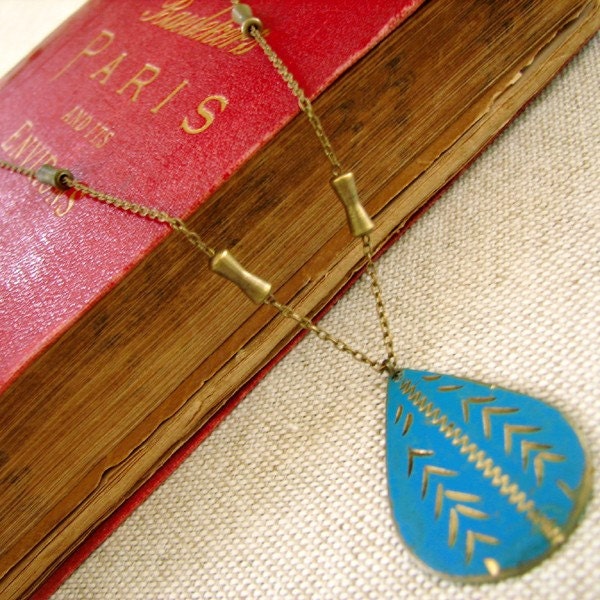 ON SALE . Nimbus . Etched Pendant, Brass Bar Chain, and Vintage Loveliness