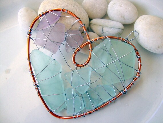 RESERVED FOR CATHY  Purple and Aqua Seaglass Heart Suncatcher